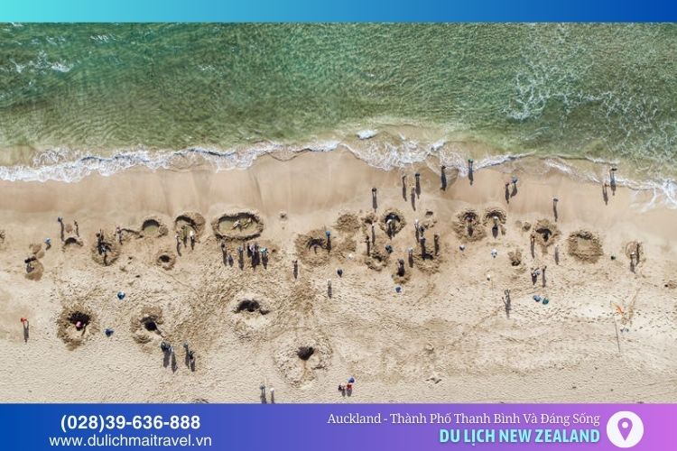 Du khách tự đào bồn nước trên cát ngâm mình thư giãn trong dòng nước ấm tại Hot Water Beach