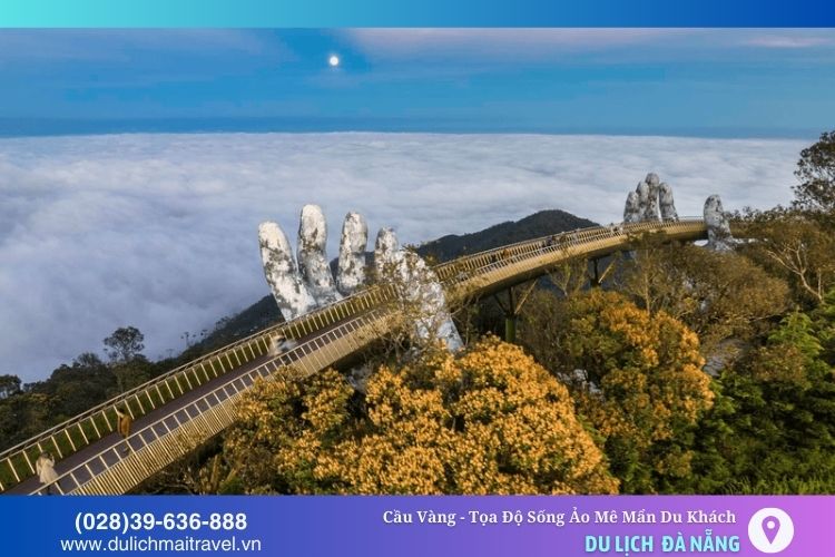 Cầu Vàng sáng sớm trong ánh nắng dịu dàng và biển mây bao la