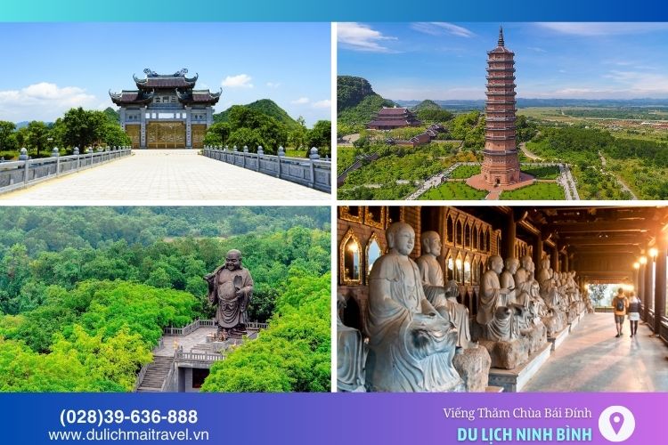 Chùa Bái Đính có nhiều công trình kiến trúc nổi bật như Cổng Tam Quan, Bảo Tháp, Hành lang La Hán, tượng Phật Di Lặc