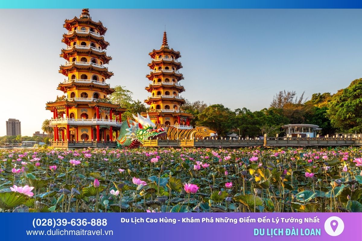 Đầm Liên Trì là điểm hành hương nổi tiếng ở Cao Hùng với không gian yên bình cùng những đóa sen tỏa ngát hương