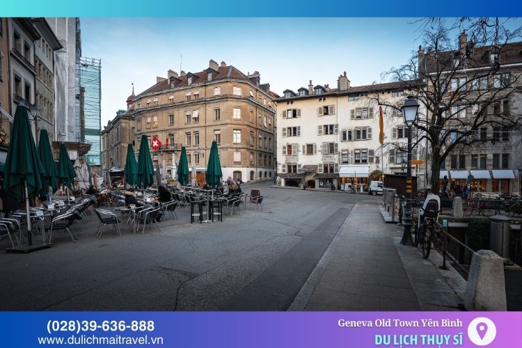 Quảng trường La Place du Bourg-de-Four cổ kính với nhiều quán cà phê ngoài trời