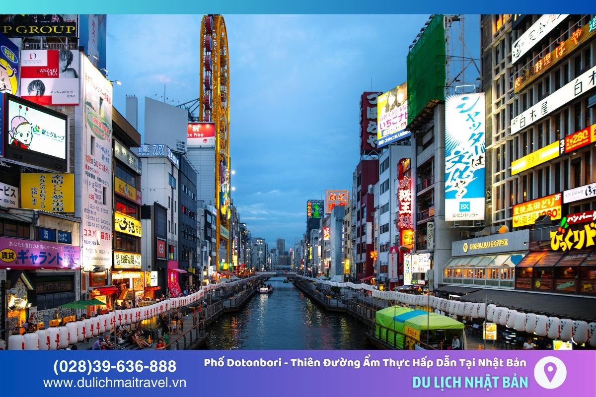 Phố Dotonbori ở Osaka nổi bật với đèn neon, ẩm thực phong phú và các hoạt động giải trí hấp dẫn