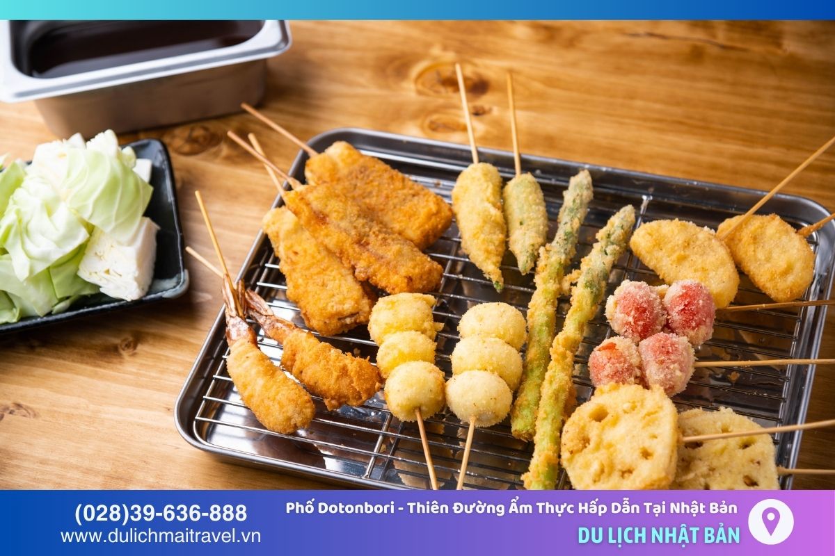 Kushikatsu: Xiên thịt hoặc hải sản chiên giòn ăn kèm nước sốt đặc biệt