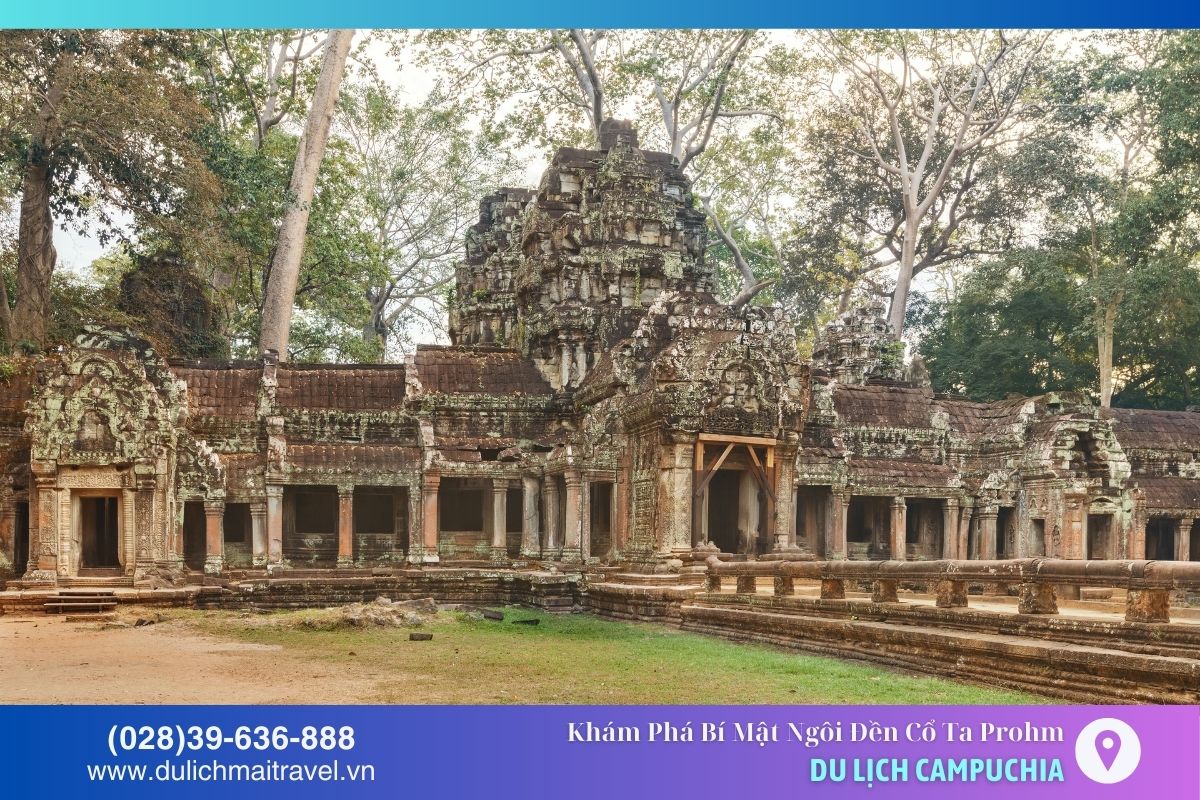 Cổng Đền Ta Prohm với chạm khắc tinh xảo và cây cổ thụ tạo không khí huyền bí
