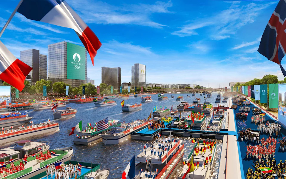 phối cảnh lễ khai mạc Olympic Paris 2024 trên sông Seine