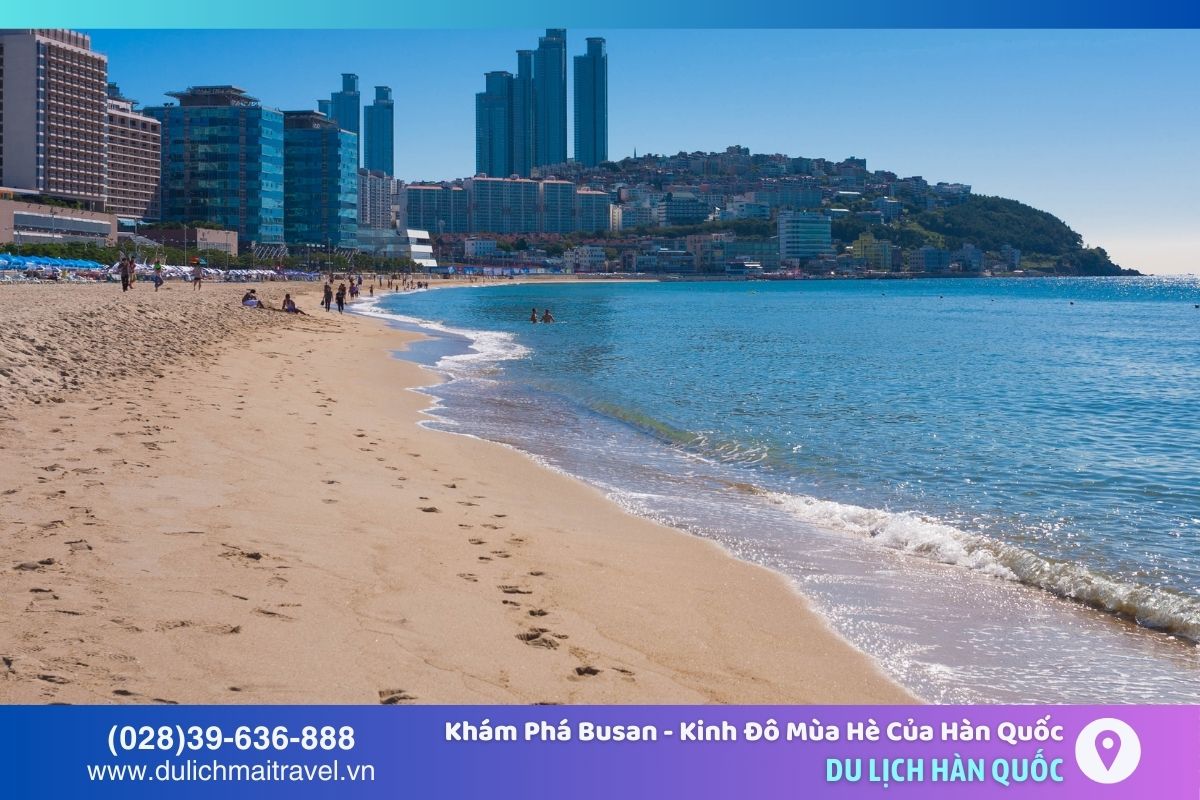 Bãi biển Haeundae nổi bật với cát trắng mịn màng và nước biển trong xanh